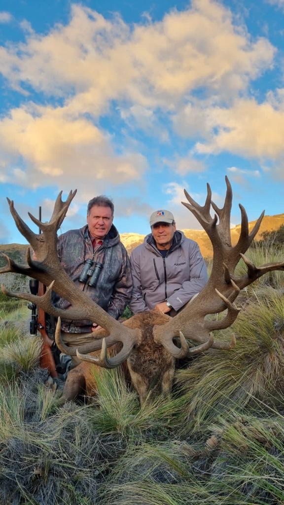 Two hunters with a heavy red stag at first light