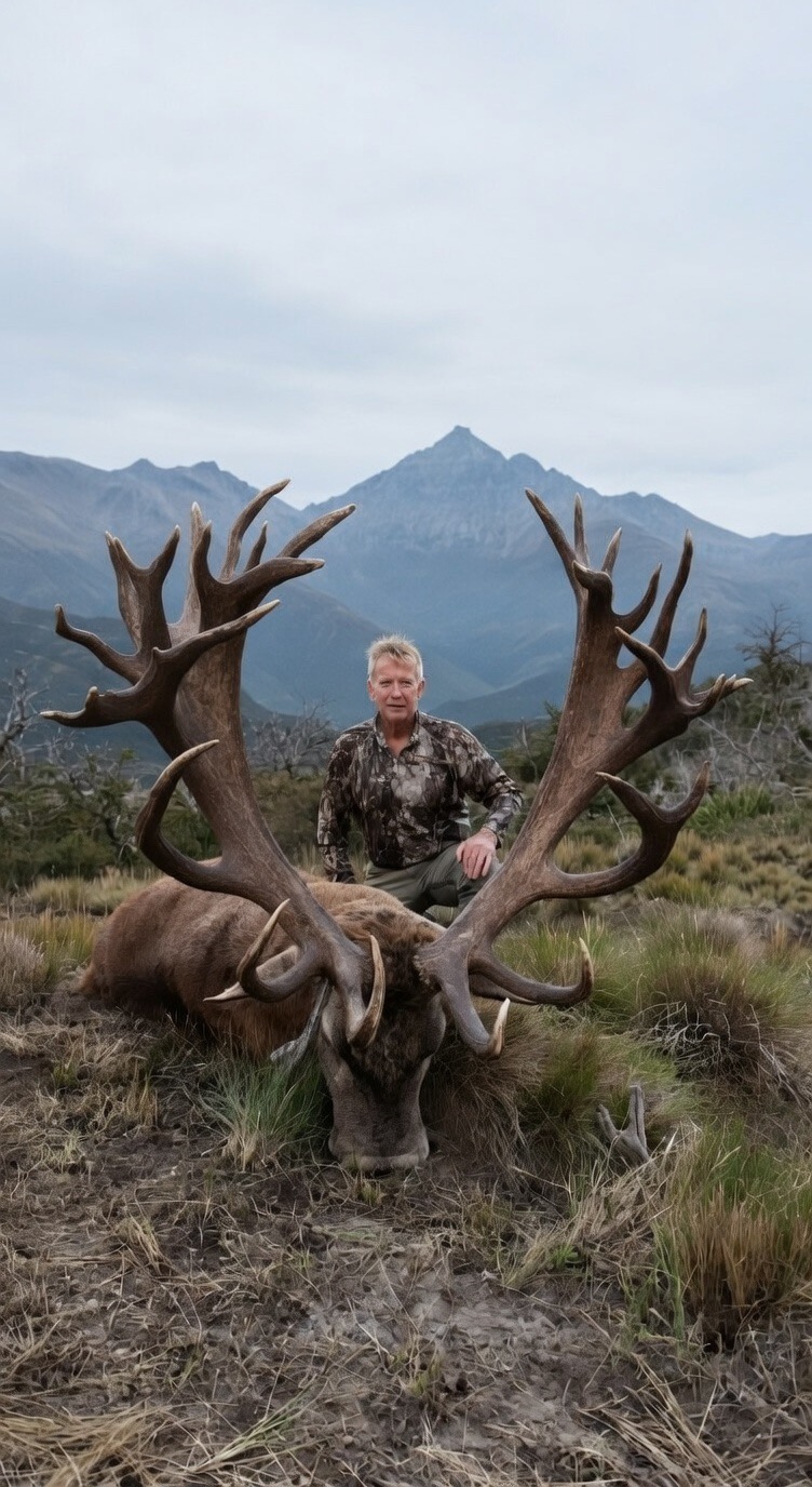 Hunter behind a massive wide-framed red stag below a Patagonian peak