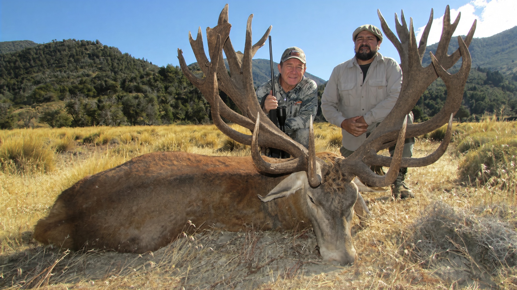 Two hunters behind a massive red stag with extraordinary antlers in Patagonian grasslands