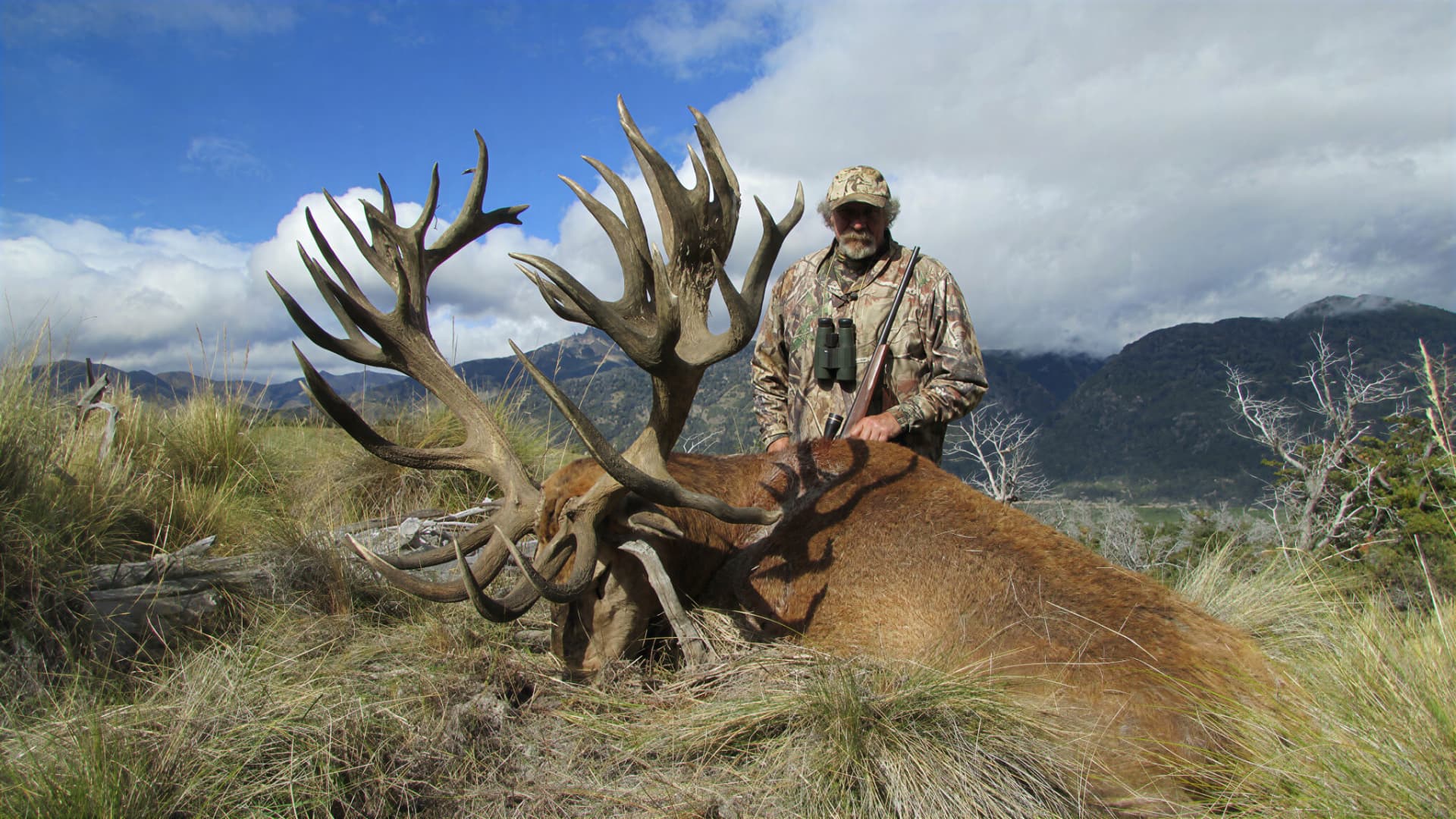 Hunter standing over an exceptional palmated red stag