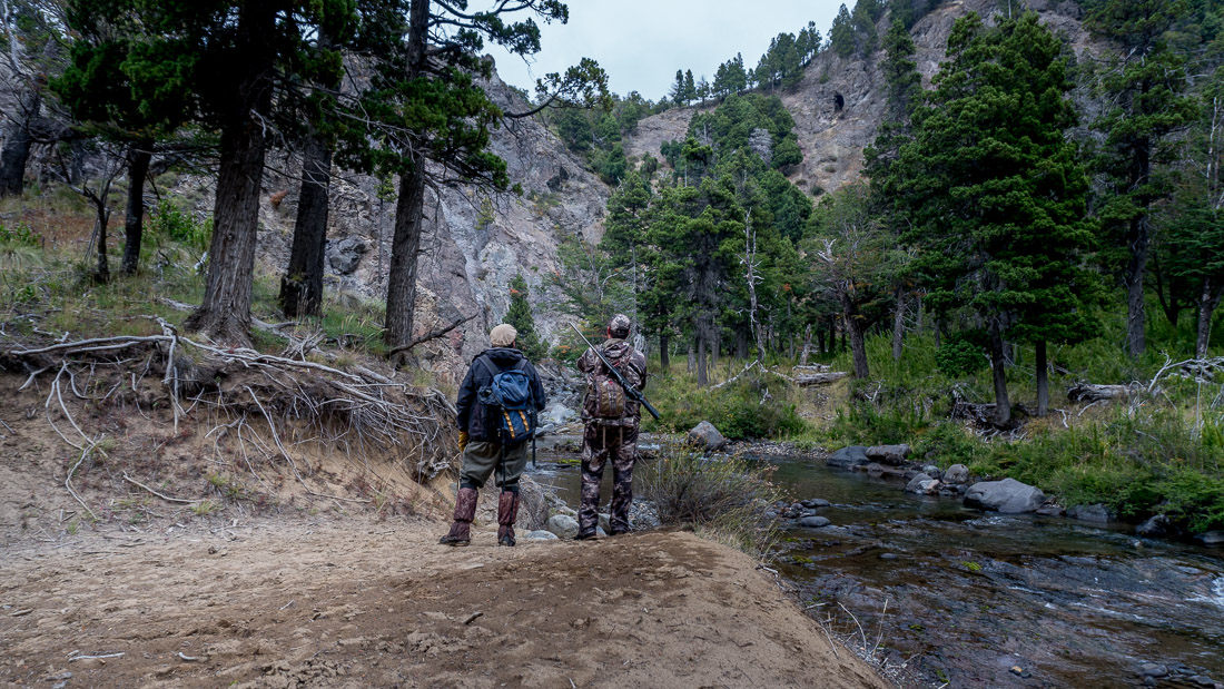 Hunter and guide pausing at a mountain creek in the lenga forest at Parque Diana, Patagonia