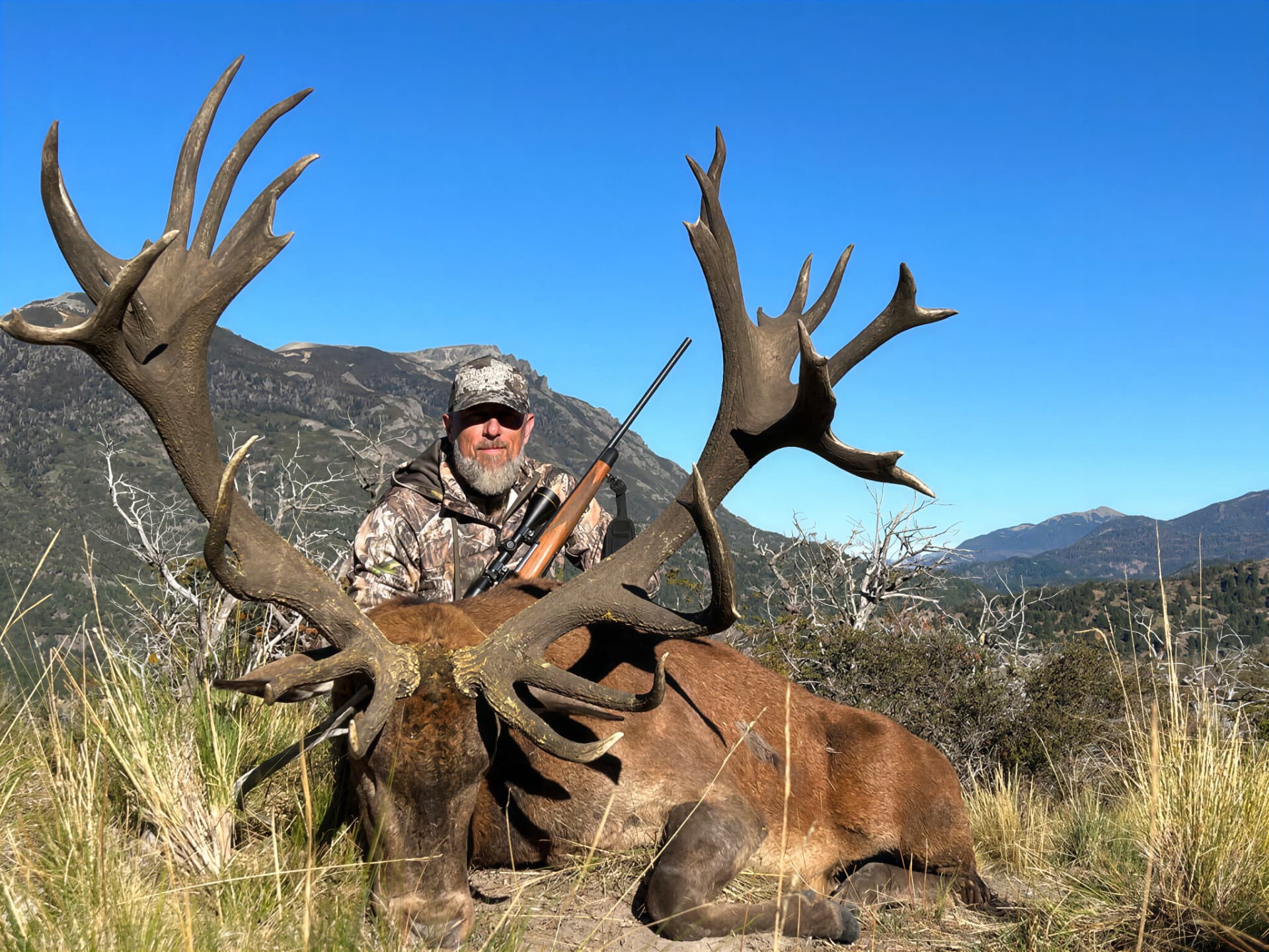 Hunter with rifle behind a tall-tined red stag on the mountainside