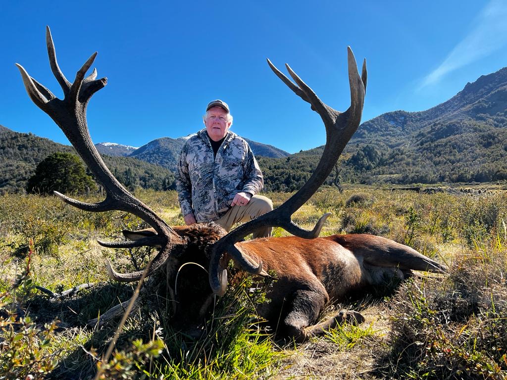 Hunter behind a tall-tined red stag in an Andean valley