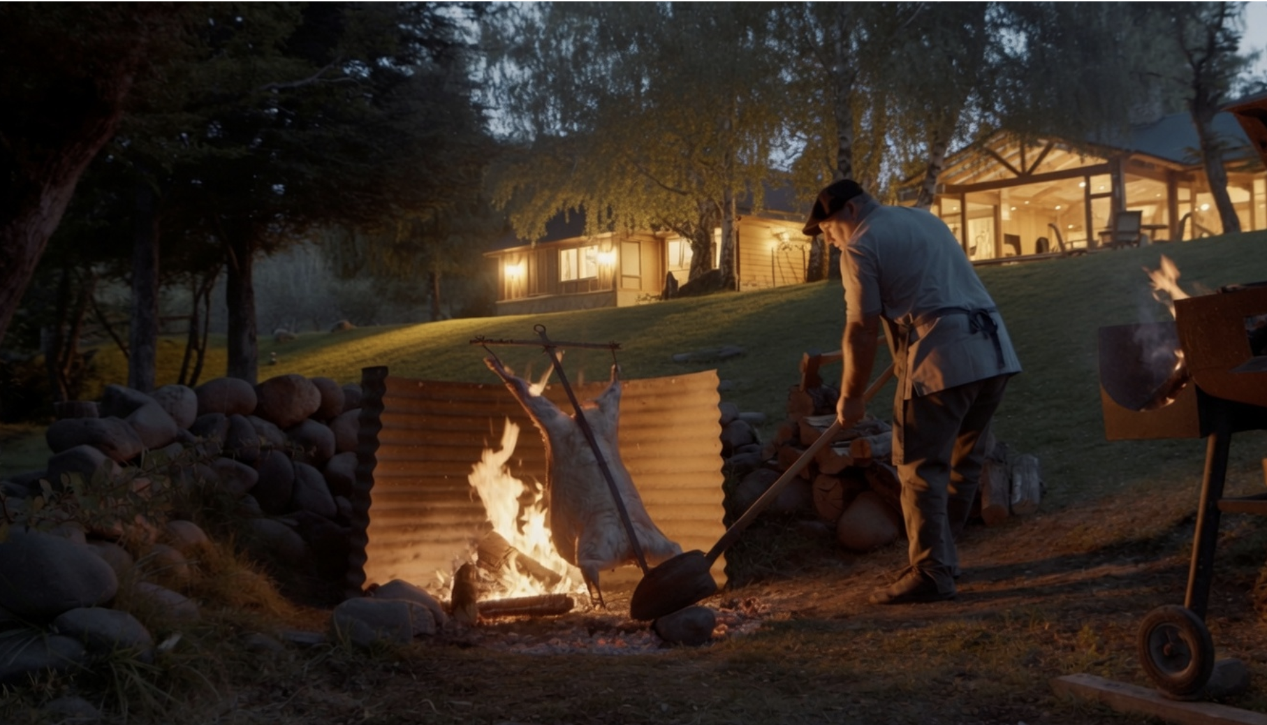 Fireside evening at Parque Diana lodge with open-air cooking