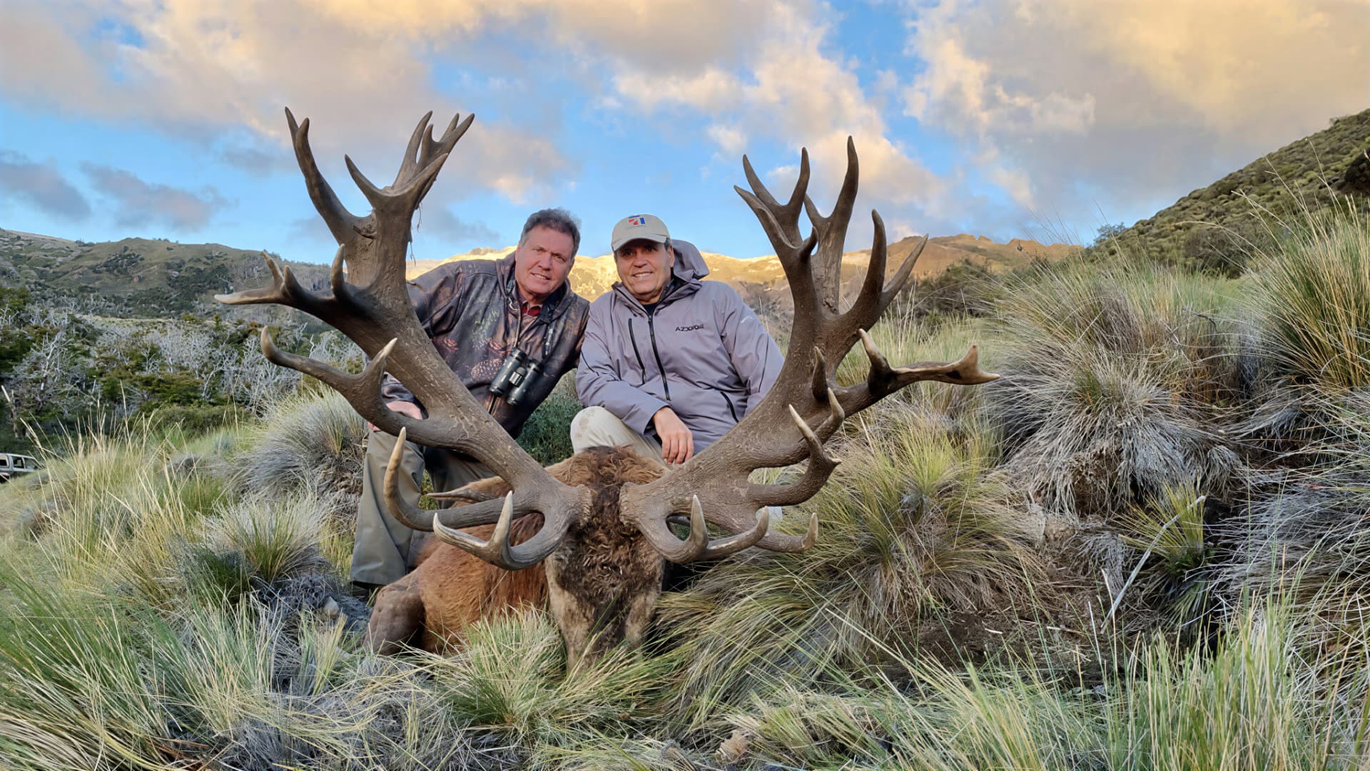 Two hunters with a heavy-antlered red stag at first light