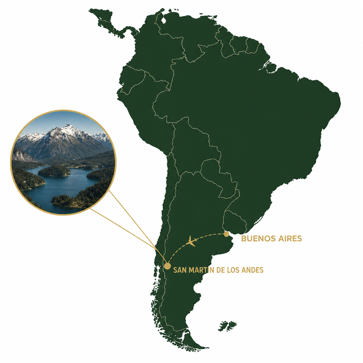 Map of Argentina showing the flight from Buenos Aires to San Martín de los Andes in Patagonia